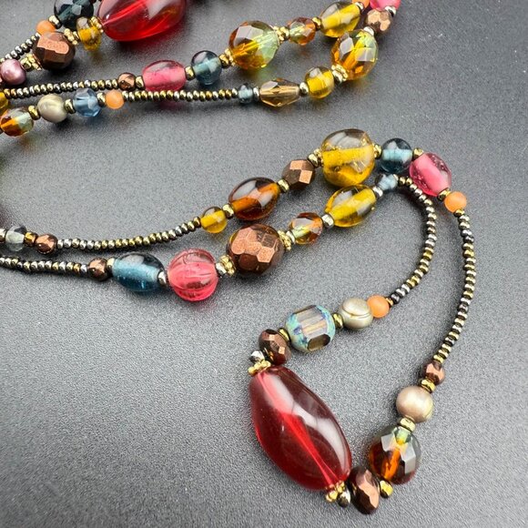 Vintage Multicolor Glass Bead Necklace Long Strand With Gold-Tone Accents Boho S - Picture 8 of 11